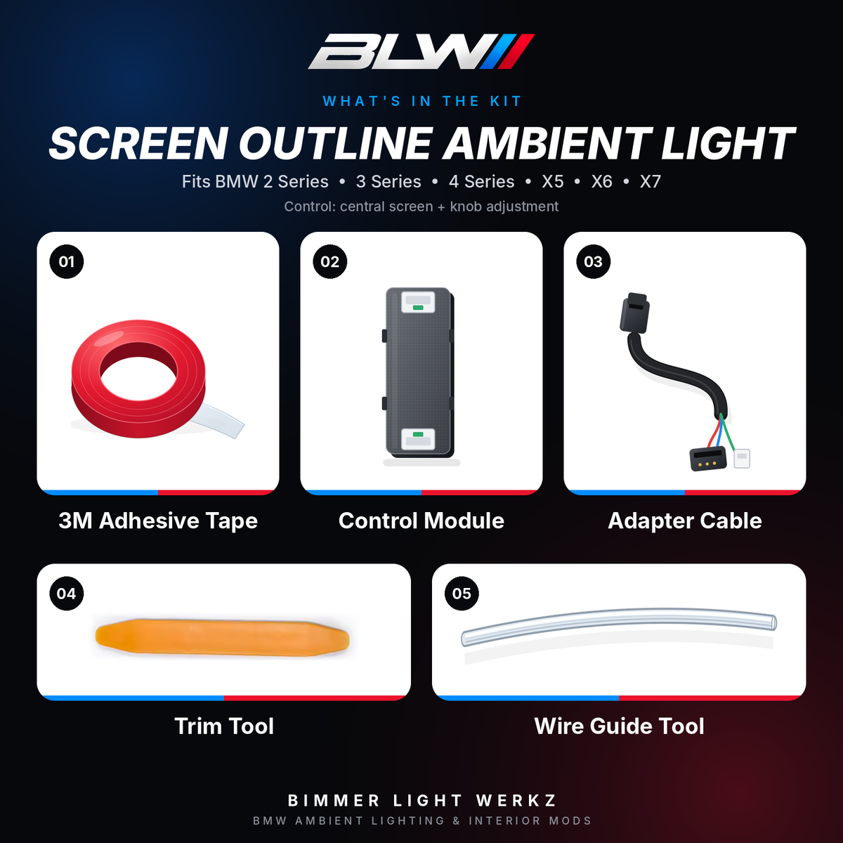 Bimmer Light Werkz screen outline ambient light kit contents and listed BMW model compatibility.